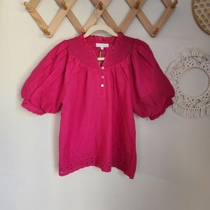 House of Harlow 1960 Eyelet Lace Blouse Ballon Sleeve In Pink NWT Size M